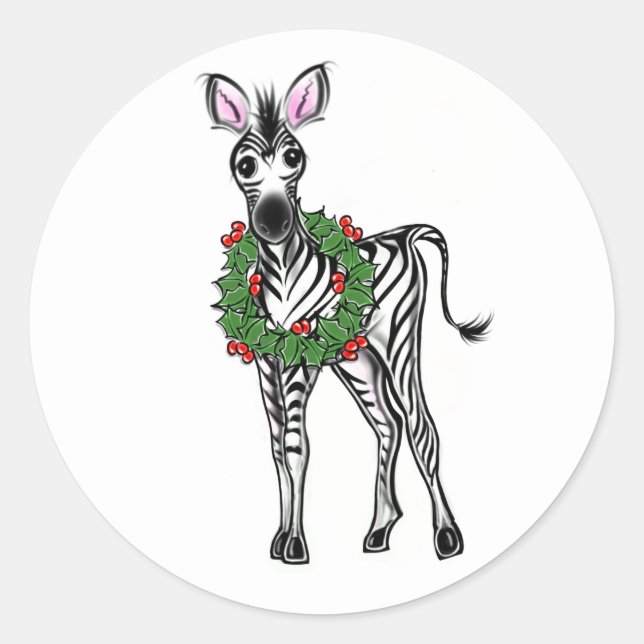 Sticker Rond Festive Fête Zebra illustration, Holly wreath (Devant)