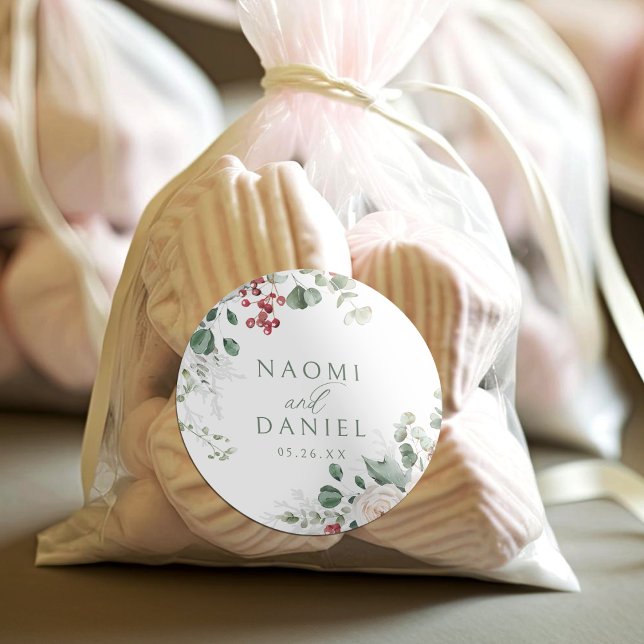 Sticker Rond Festive Floral Winter Wedding thank you favors (Festive Floral Winter Wedding thank you favors Classic Round Sticker)