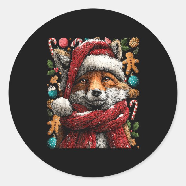 Sticker Rond Festive Fox With Snow Santa Hat Winter Christmas A (Devant)