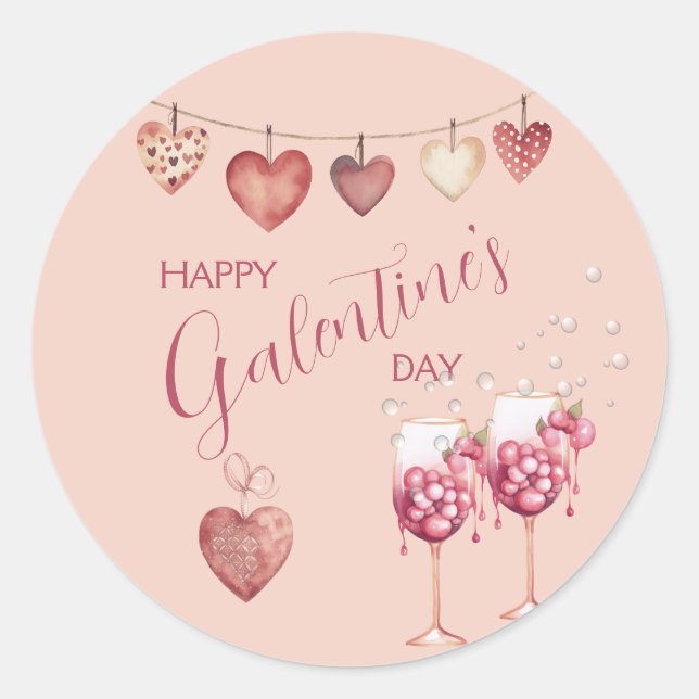 Sticker Rond Festive Galentine's Day Vins Lunettes et Coeurs (Devant)