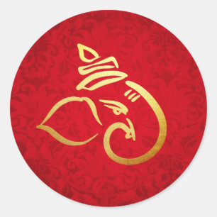 Sticker Rond Festive Ganesh   Ganpatio   Inde Dieu Damask Rouge