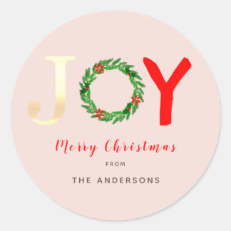 Sticker Rond Festive Gold Joy Holly Wreath Pink