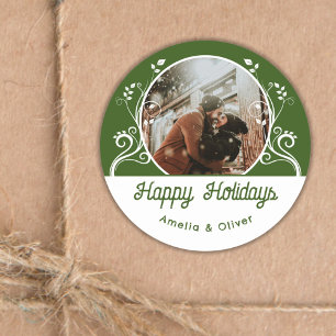 Sticker Rond Festive Happy Holidays Foliage Green Couple Photo