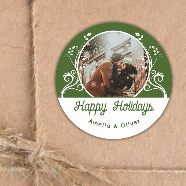 Sticker Rond Festive Happy Holidays Foliage Green Couple Photo (Créateur téléchargé)