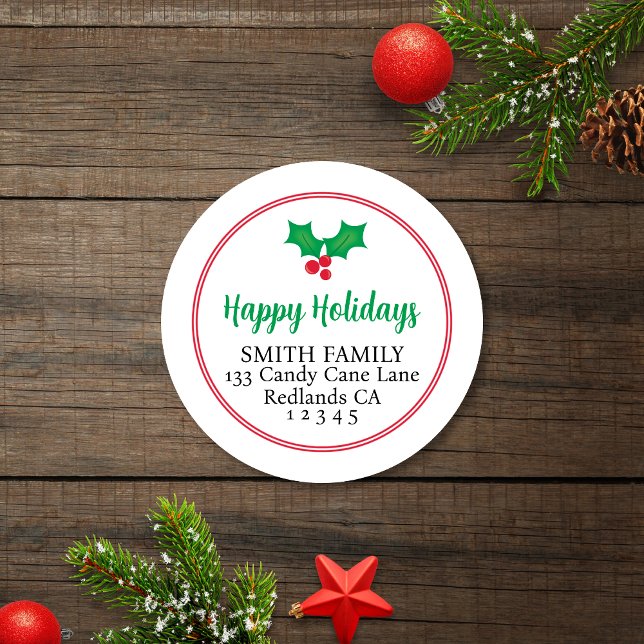 Sticker Rond Festive Happy Holidays Holly Return Adresse Label (Créateur téléchargé)