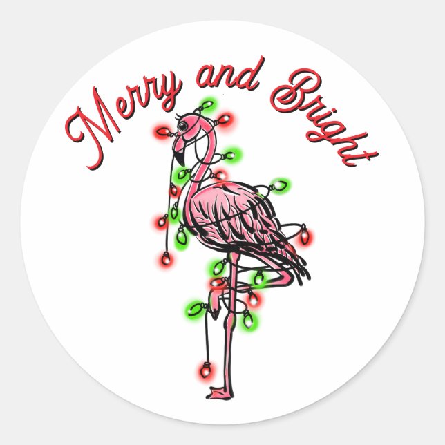 Sticker Rond Festive holiday Flamingo  red green Xmas lights (Devant)