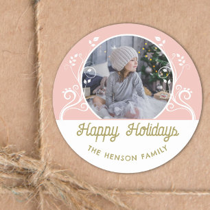 Sticker Rond Festive Joyeux Foliage Rose Famille Photo