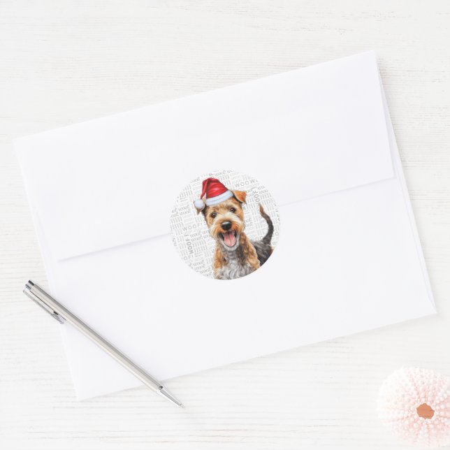 Sticker Rond Festive Lakeland Terrier Woof Word Art Noël (Enveloppe)