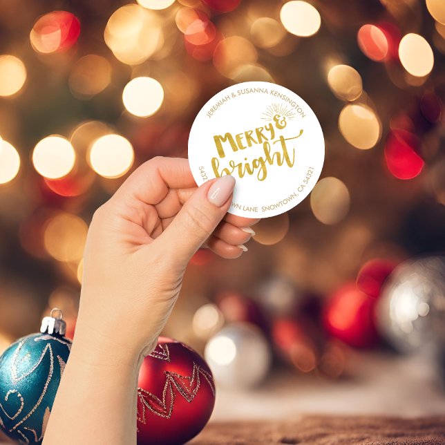 Sticker Rond Festive Noël Joyeux Bright Gold Foil Adresse (Festive Christmas Merry Bright Gold Foil Address Classic Round Sticker)