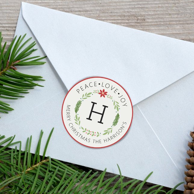 Sticker Rond Festive Peace Love Joy Monogramme (Festive Peace Love Joy Monogram Classic Round Sticker)