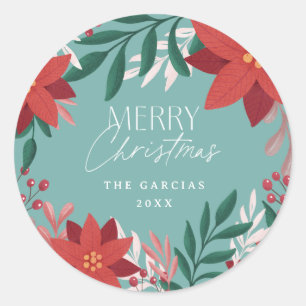 Sticker Rond Festive Poinsettia Fleurs Noël