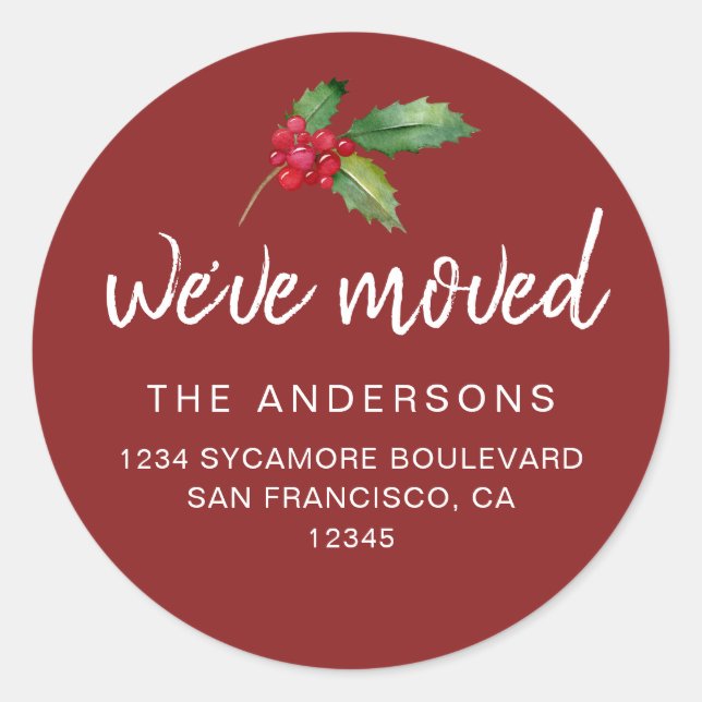 Sticker Rond Festive Red Holly We’ve Moved Holiday (Devant)