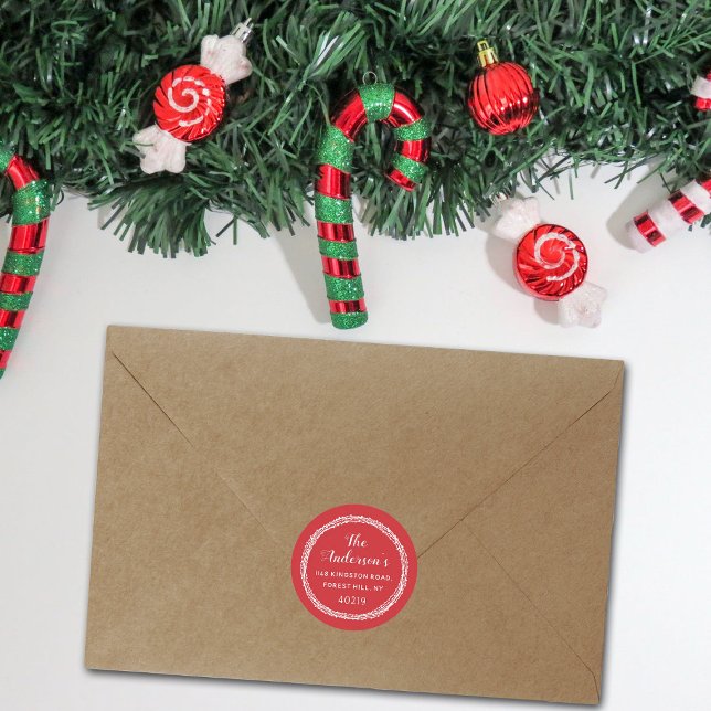 Sticker Rond Festive Red & White Custom Return Address (Créateur téléchargé)