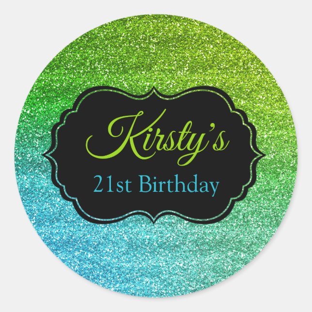 Sticker Rond Fête Anniversaire Fun Paillettes Vert Bleu (Devant)