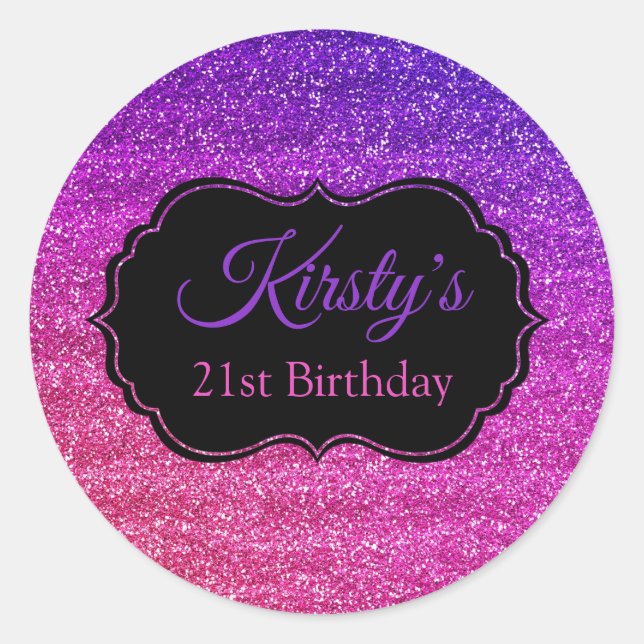 Sticker Rond Fête Anniversaire Paillettes Rose Violet Fun (Devant)