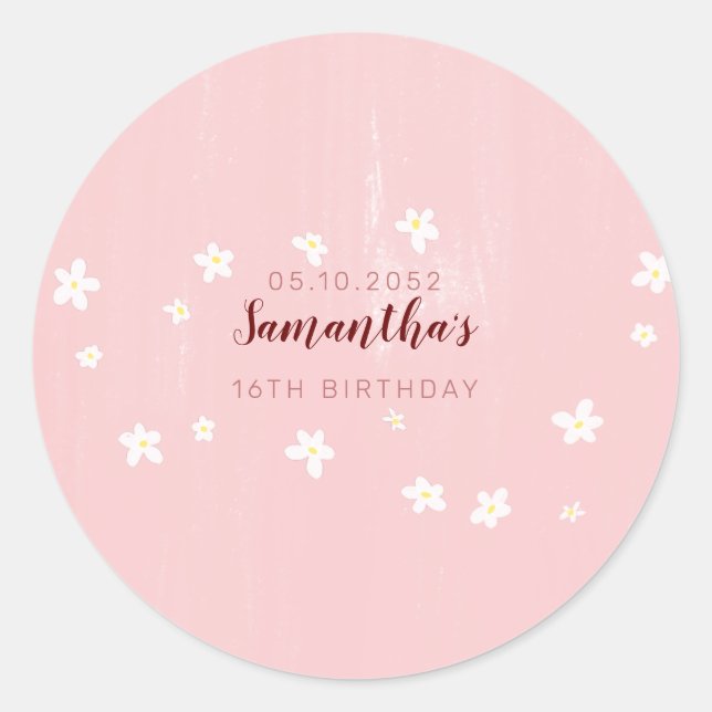 Sticker Rond Fête Anniversaire Rose Daisées Sweet Girly Script (Devant)