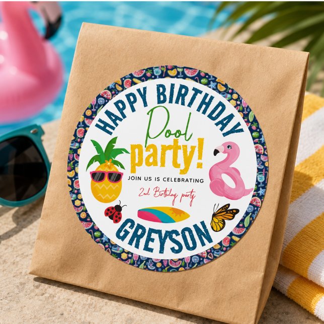 Sticker Rond Fête au Piscine | Fête d'anniversaire Moderne sur  (Pool Party | Modern Summer Themed Birthday Party Classic Round Sticker)