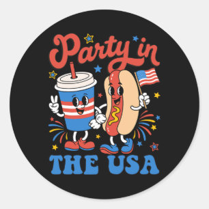 Sticker Rond Fête aux États-Unis Soda mignon et hot-dog Patriot