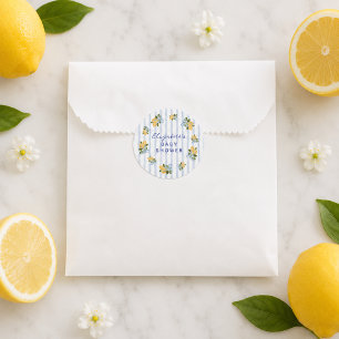 Sticker Rond Fête Baby Shower Citron à Rayures Bleues