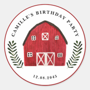 Sticker Rond Fête bébé Ferme de grange rouge aquarelle rustique