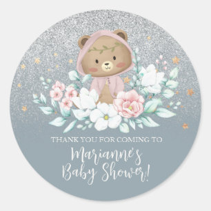 Sticker Rond Fête bébé ours floral pailleté bleu bohème