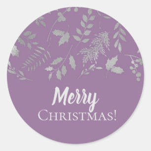 Sticker Rond Fête Botanique Feuille Lilac Purple Silver