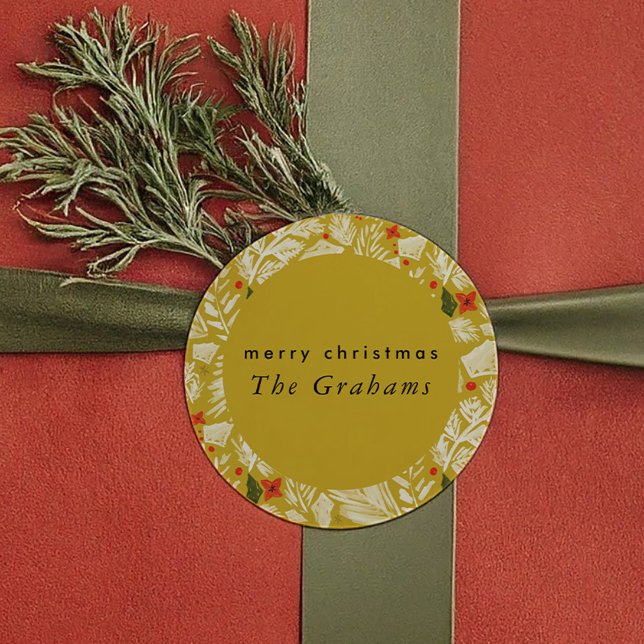 Sticker Rond Fête Botanique Jaune Festive de Vacances (Yellow Festive Botanical Holiday Classic Round Sticker)