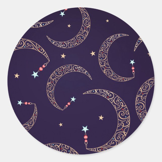 Sticker Rond Fête céleste de lune de filigrane d'or violet myst (Devant)