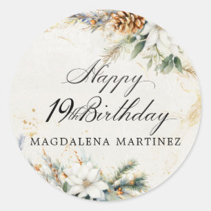 Sticker Rond Fête d'anniversaire 19 ans Fleurs Blanches d'Hiver