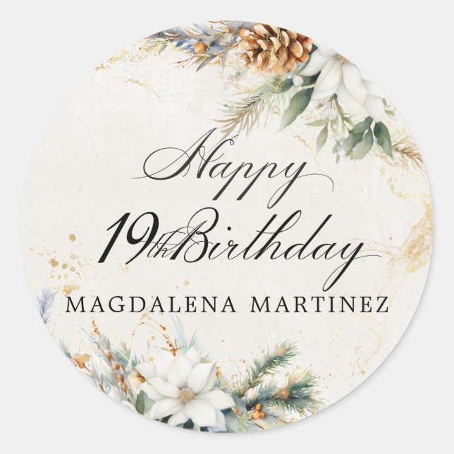 Sticker Rond Fête d'anniversaire 19 ans Fleurs Blanches d'Hiver (Devant)