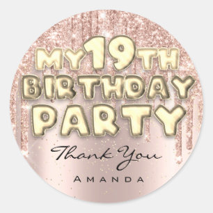 Sticker Rond Fête d'anniversaire 19 ans Glitter Drips Rose Merc
