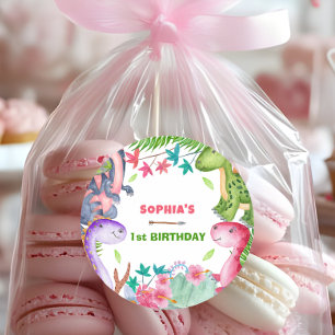 Sticker Rond Fête d'anniversaire 1 an dinosaure fille mignonne
