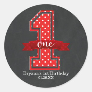 Sticker Rond Fête d'anniversaire 1 an pois rouge et blanc