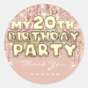 Sticker Rond Fête d'anniversaire 20 ans Nom Balle Glitter Or