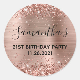 Sticker Rond Fête d'anniversaire 21 ans pailletée or rose