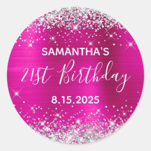 Sticker Rond Fête d'anniversaire 21 ans paillettes rose chaud e