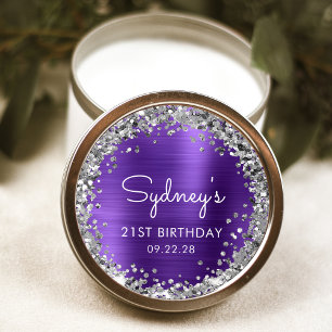 Sticker Rond Fête d'anniversaire 21 ans Paillettes Violet Argen