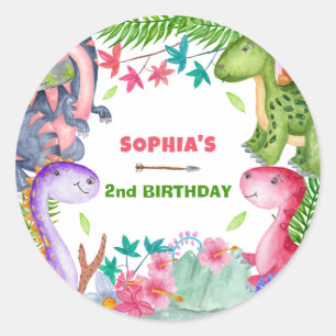 Sticker Rond Fête d'anniversaire 2 ans de dinosaure de fille mi