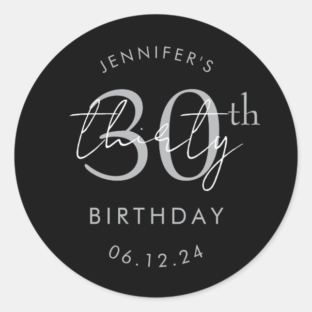 Sticker Rond Fête d'anniversaire 30 ans écriture moderne argent (Devant)