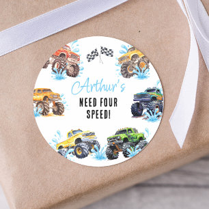 Sticker Rond Fête d'anniversaire 4 ans de camion monstre amusan