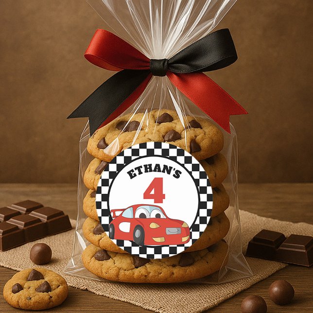 Sticker Rond Fête d'anniversaire 4 ans voiture de course rouge  (Red race car child's birthday party favor bag sticker)