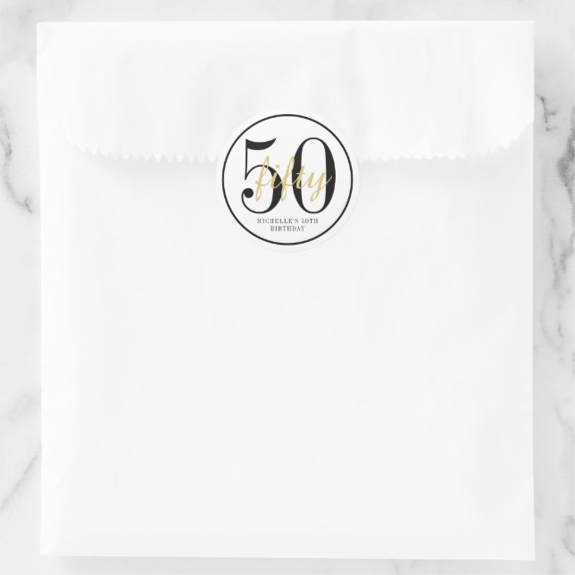 Sticker Rond Fête d'anniversaire 50 ans Chic Noir Blanc Rond Ca (Sac)