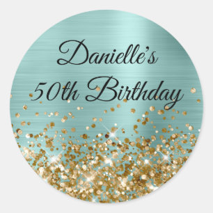 Sticker Rond Fête d'anniversaire 50 ans en feuille d'or turquoi