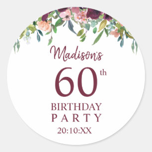 Sticker Rond Fête d'anniversaire 60 ans Floral Bourgogne Marsal