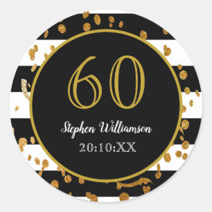 Sticker Rond Fête d'anniversaire 60 ans Paillettes noires blan