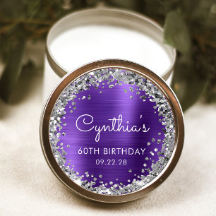 Sticker Rond Fête d'anniversaire 60 ans Paillettes Violet Argen