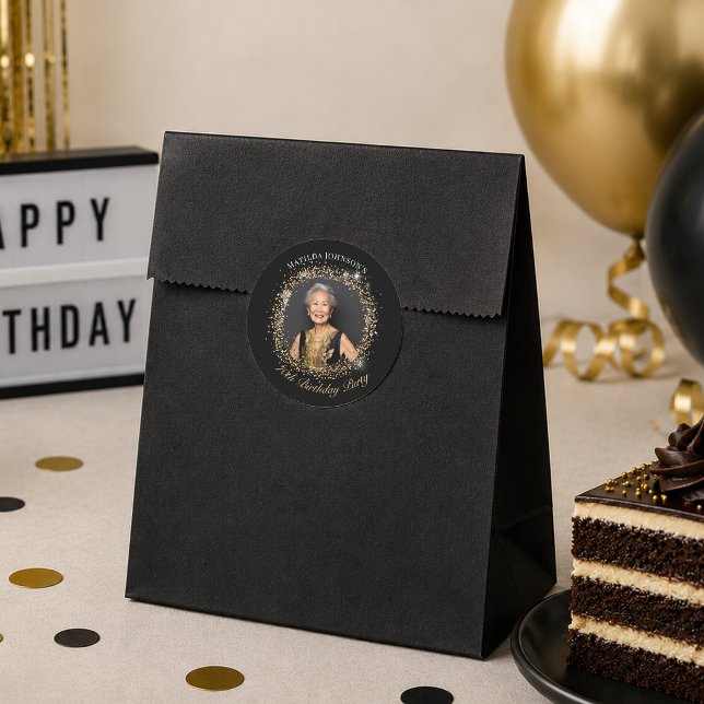 Sticker Rond Fête d'anniversaire 70 ans pailleté noir or (Glitter Black Gold 70th Birthday Party Classic Round Sticker)