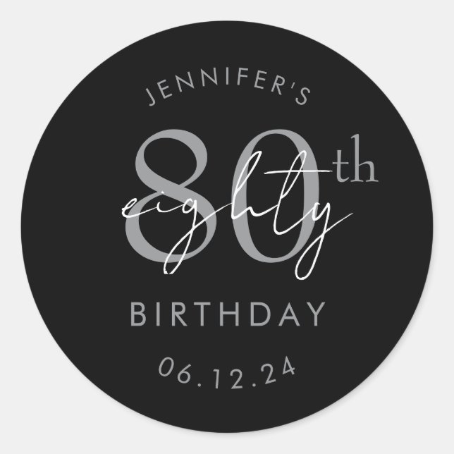 Sticker Rond Fête d'anniversaire 80 ans écriture moderne argent (Devant)