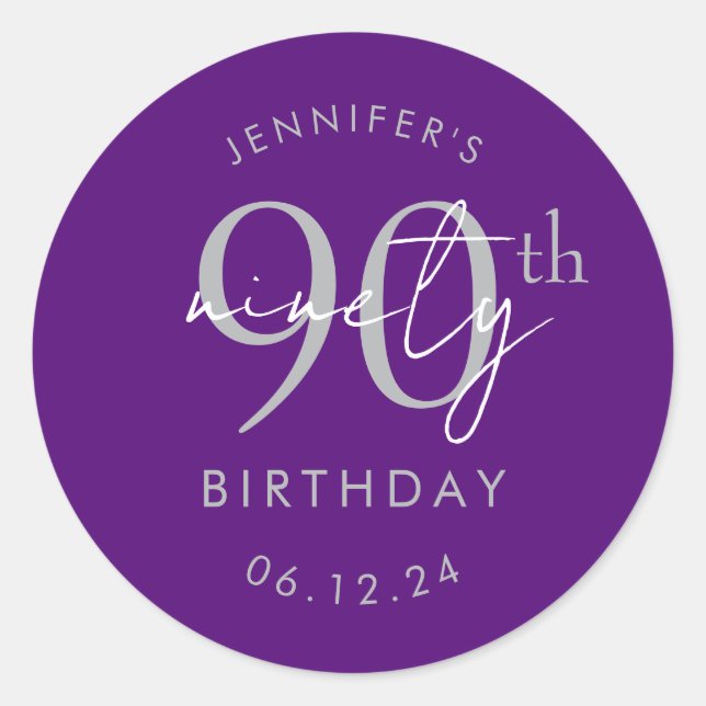 Sticker Rond Fête d'anniversaire 90 ans écriture moderne argent (Devant)