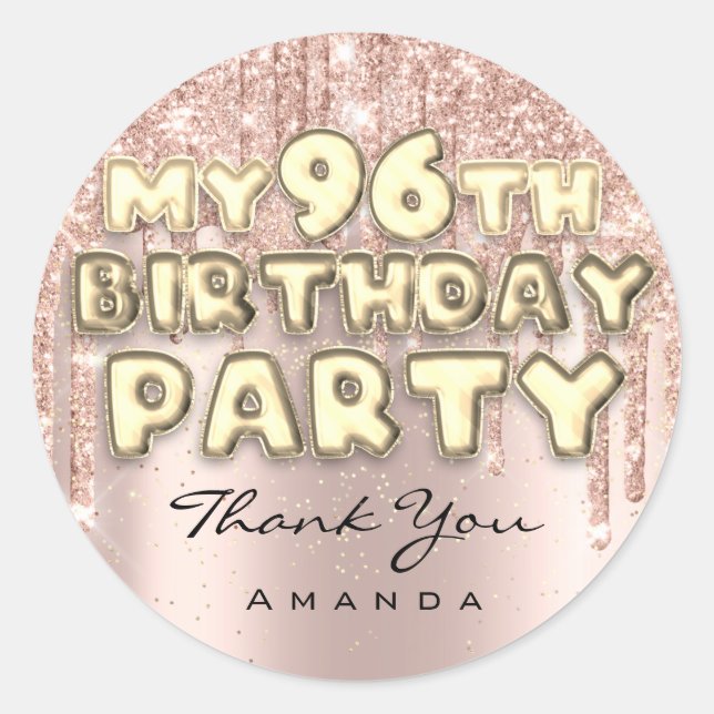 Sticker Rond Fête d'anniversaire 96 ans paillettes gouttes rose (Devant)